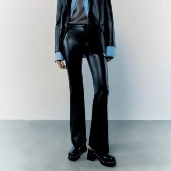 ZARA Black Faux Leather Flare Pants | SZ M - Picture 1 of 8